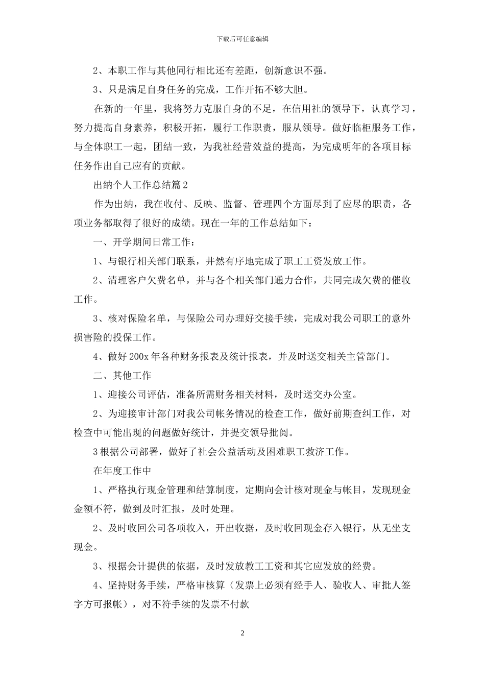 出纳个人工作总结模板锦集八篇_第2页