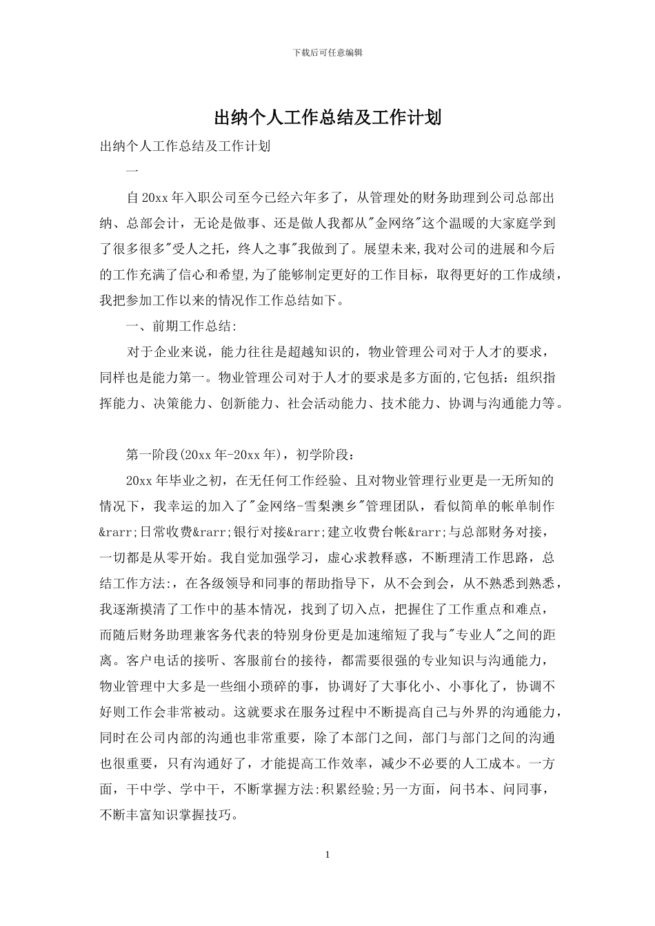 出纳个人工作总结及工作计划_第1页