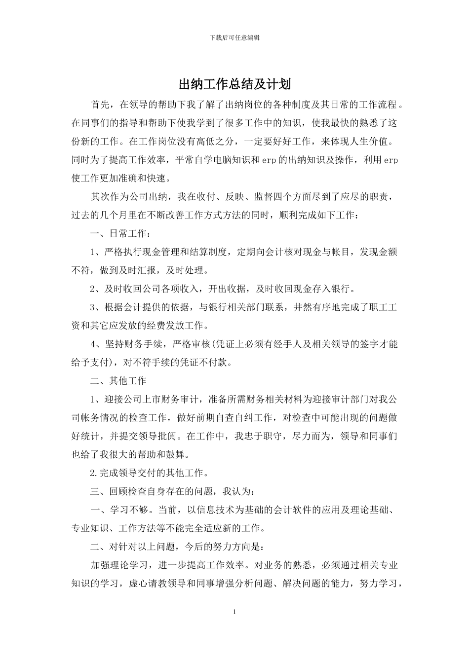 出纳工作总结及计划_第1页