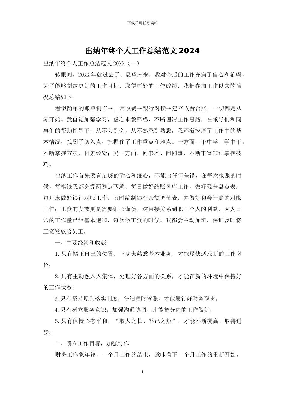 出纳年终个人工作总结范文2024_第1页