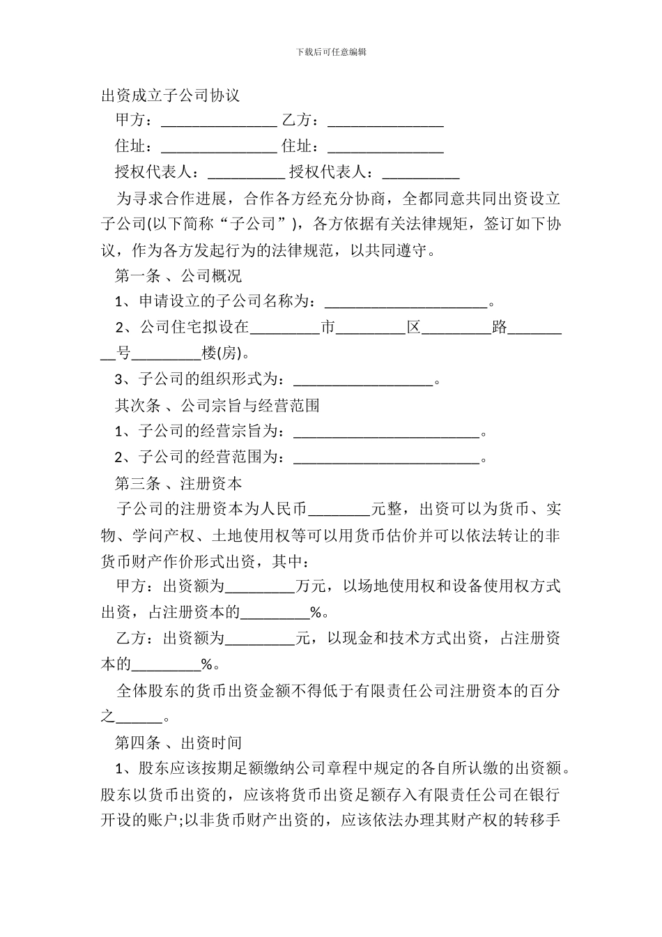 出资成立子公司协议_第2页