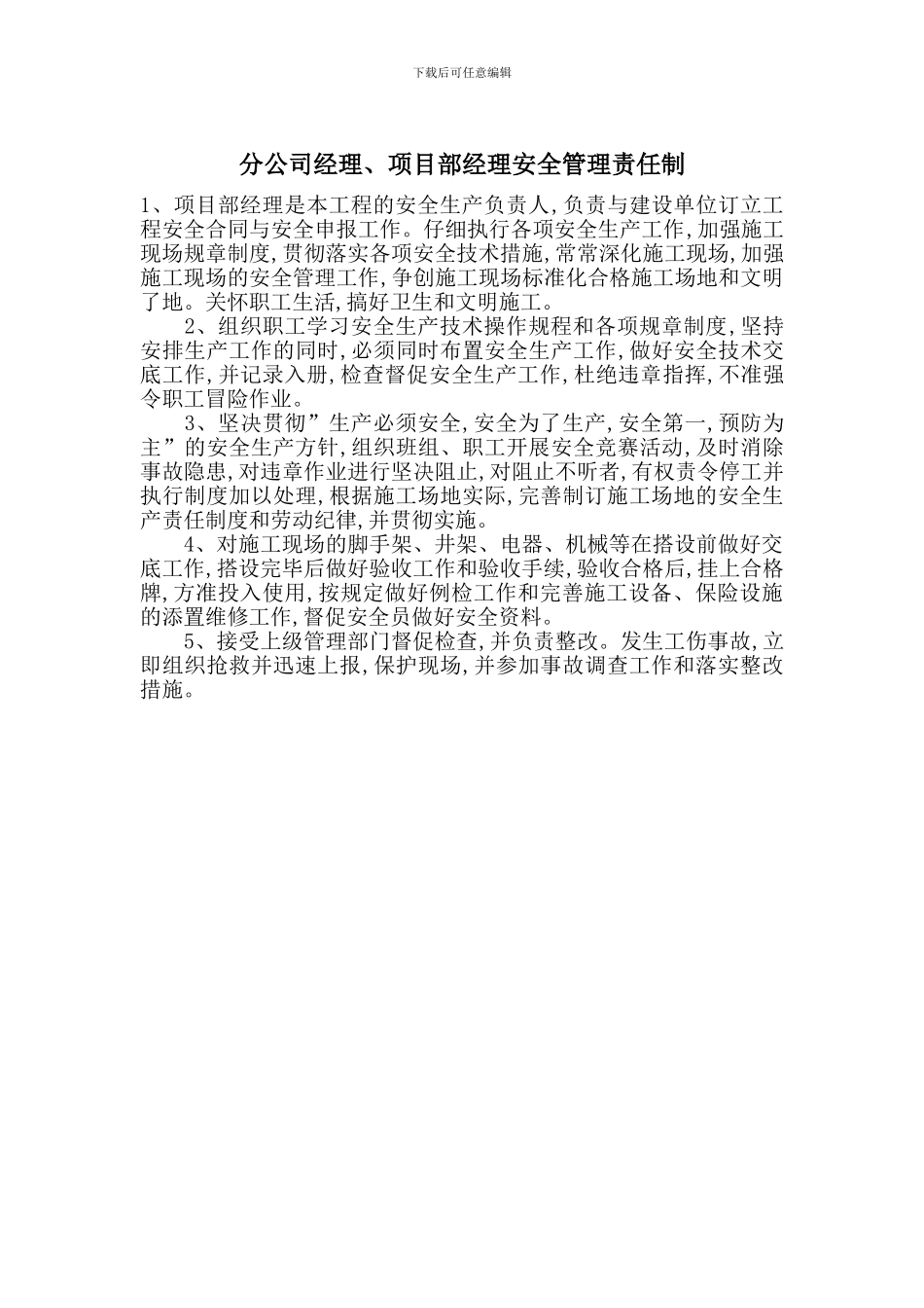 分公司经理、项目部经理安全管理责任制_第1页