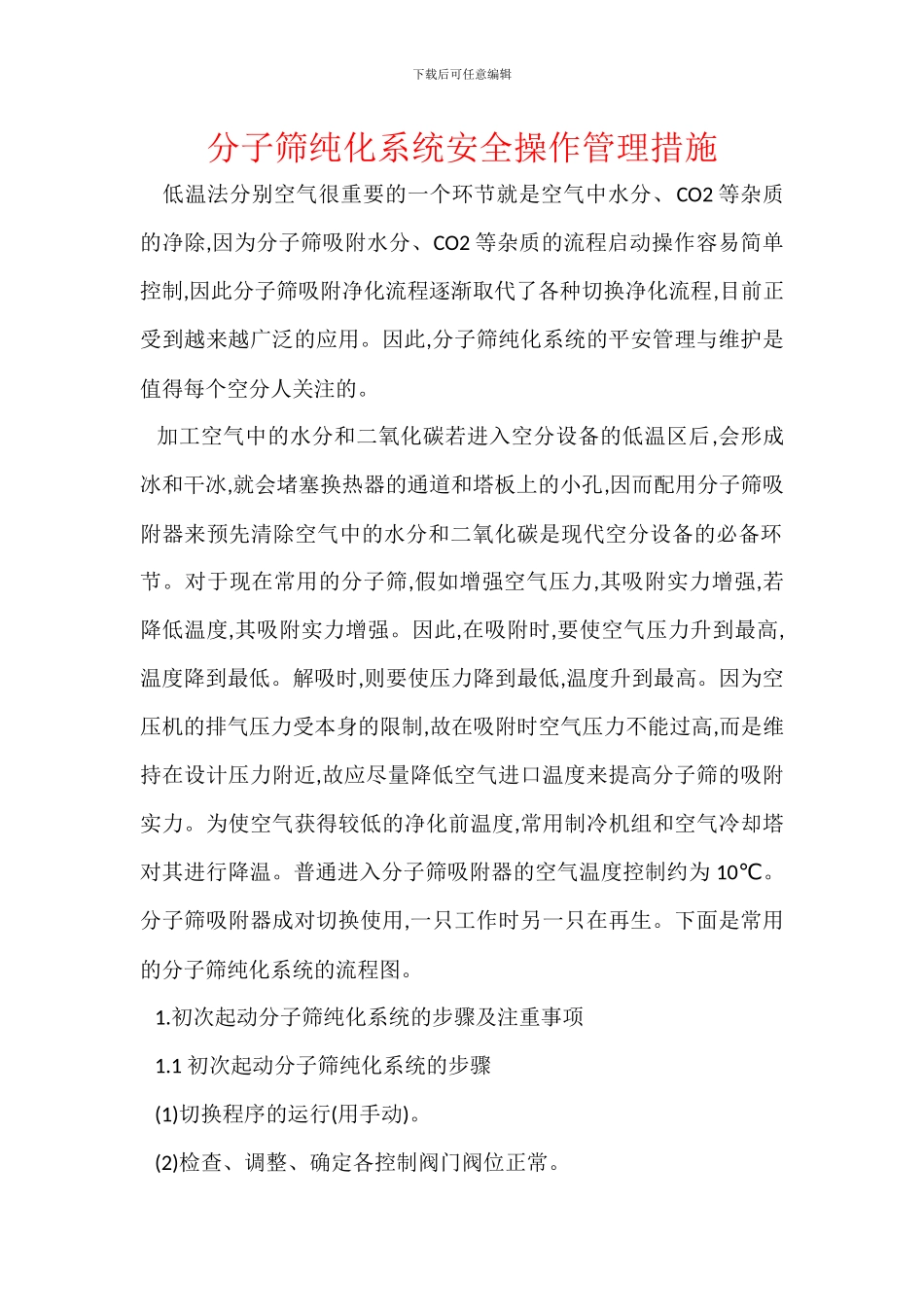 分子筛纯化系统安全操作管理措施_第1页