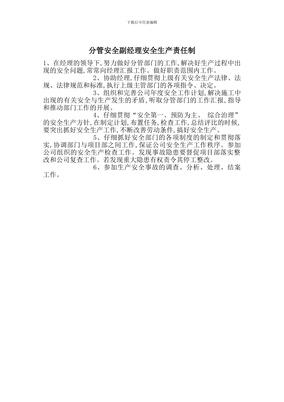 分管安全副经理安全生产责任制_第1页