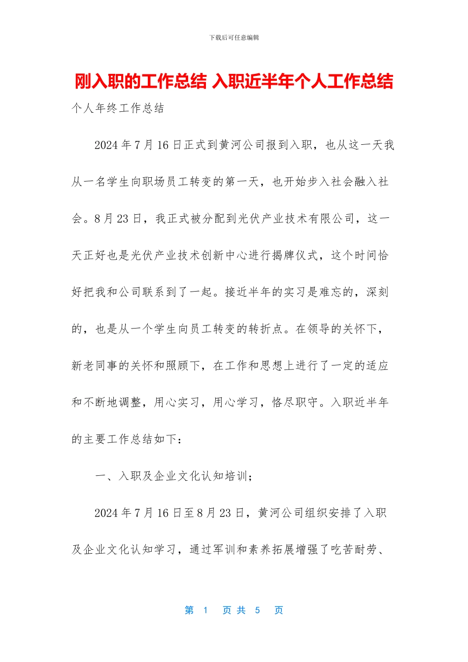 刚入职的工作总结_第1页
