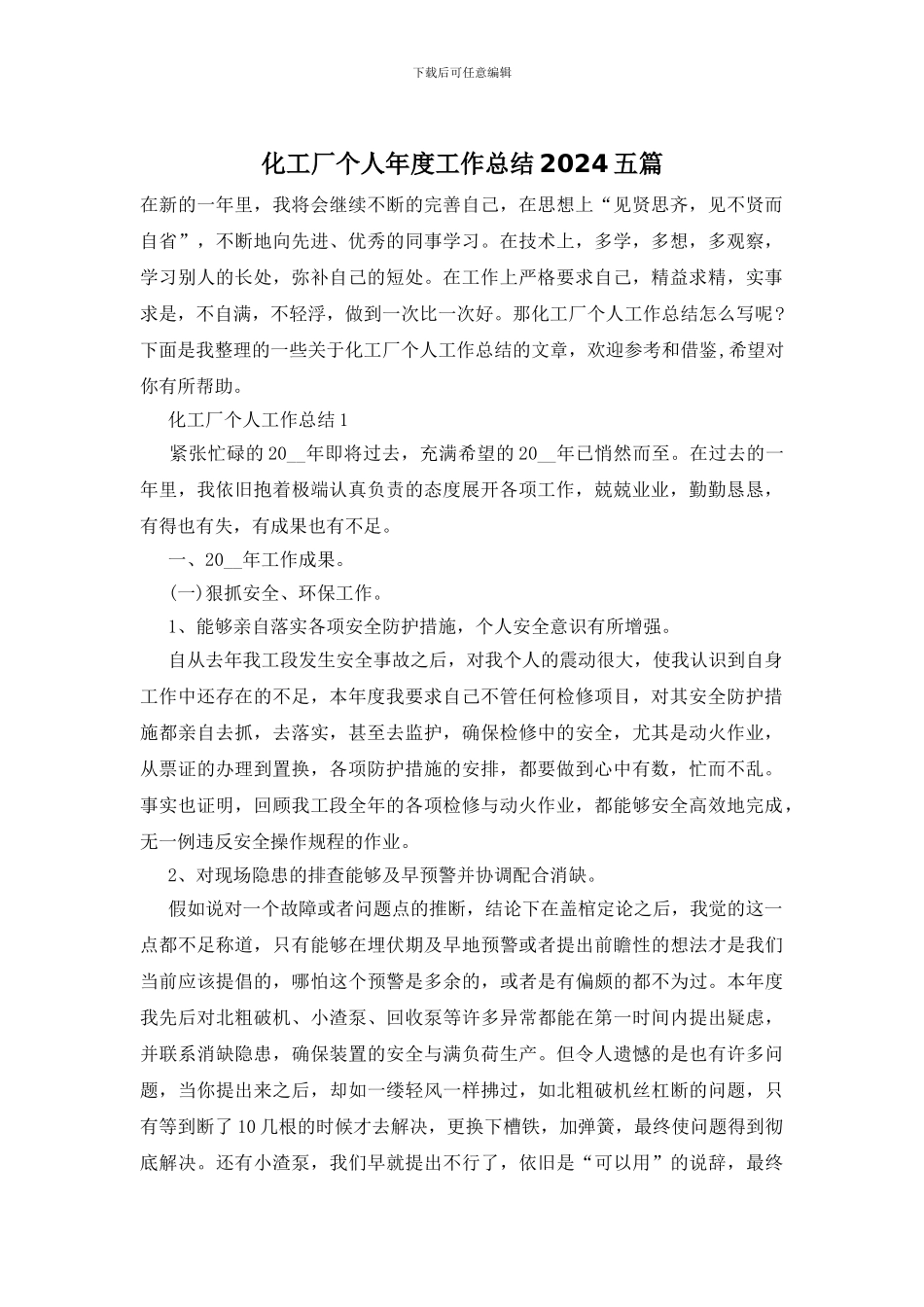 化工厂个人年度工作总结2024五篇_第1页