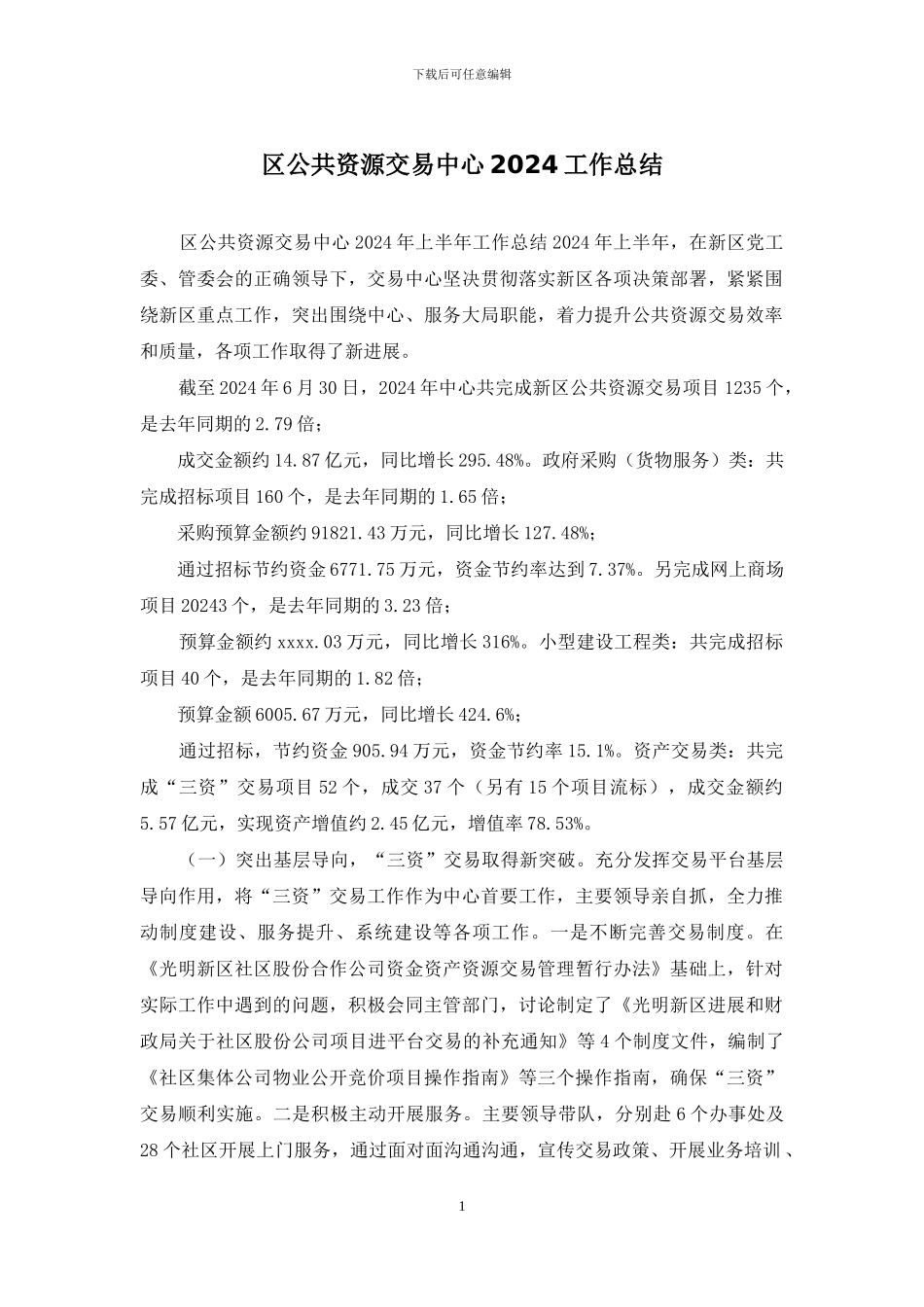 区公共资源交易中心2024工作总结_第1页