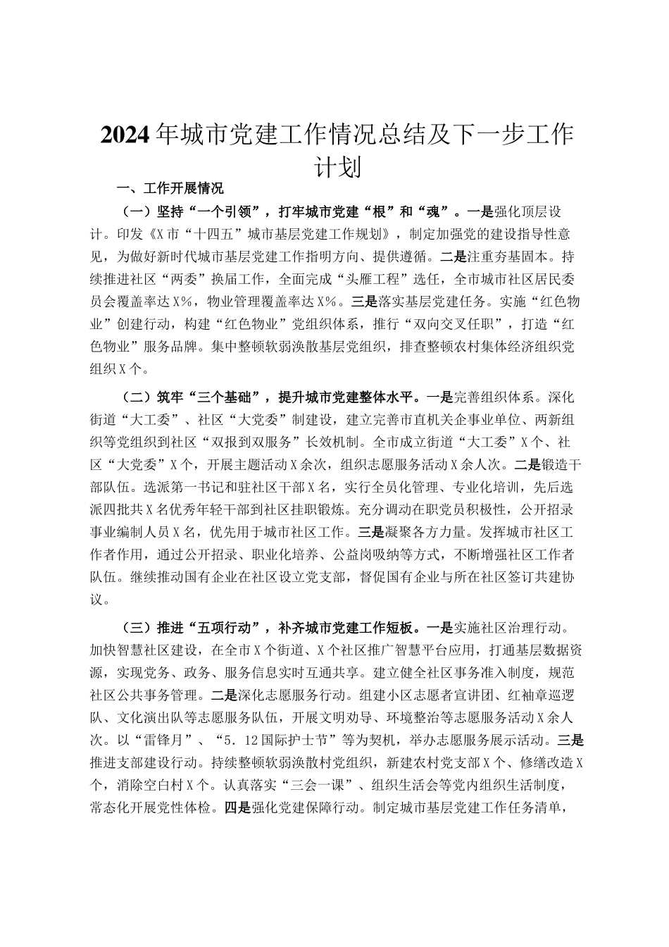2024年城市党建工作情况总结及下一步工作计划_第1页