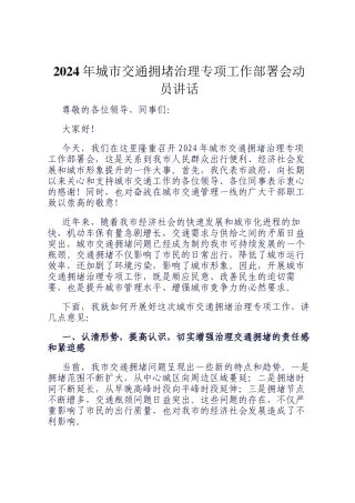 2024年城市交通拥堵治理专项工作部署会动员讲话