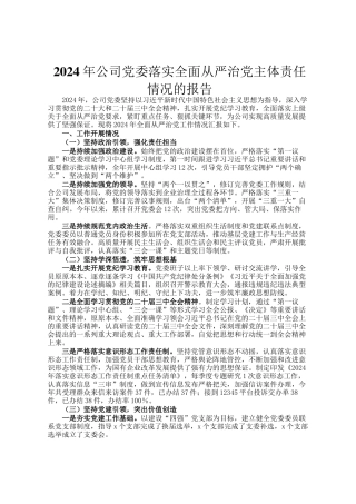2024年公司党委落实全面从严治党主体责任情况的报告