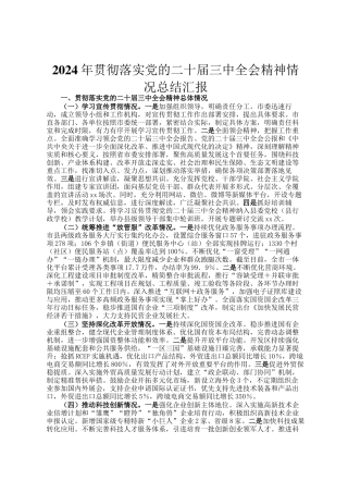 2024年贯彻落实党的二十届三中全会精神情况总结汇报