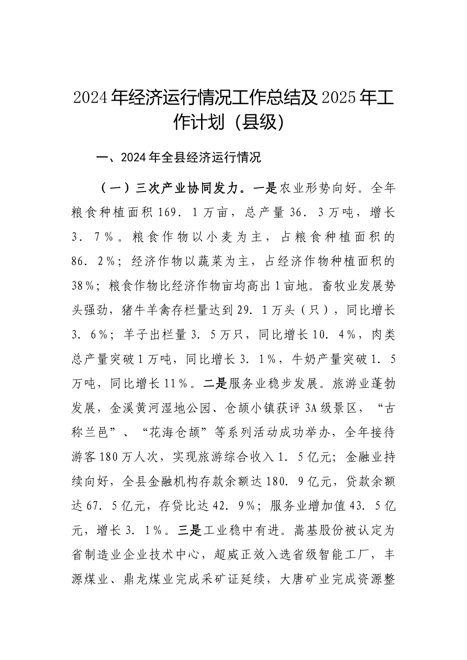 2024年经济运行情况工作总结及2025年工作计划（县级）_第1页