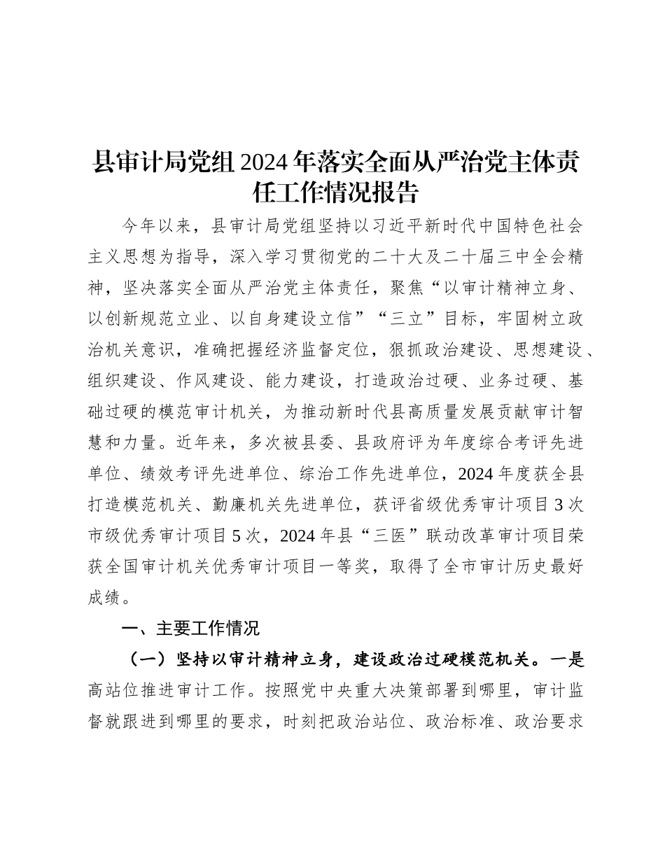2024年落实全面从严治党主体责任工作情况报告（审计局党组）_第1页