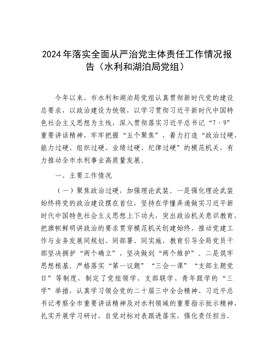 2024年落实全面从严治党主体责任工作情况报告（水利和湖泊局党组）_第1页