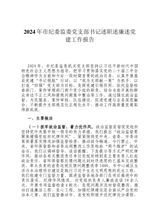 2024年市纪委监委党支部书记述职述廉述党建工作报告