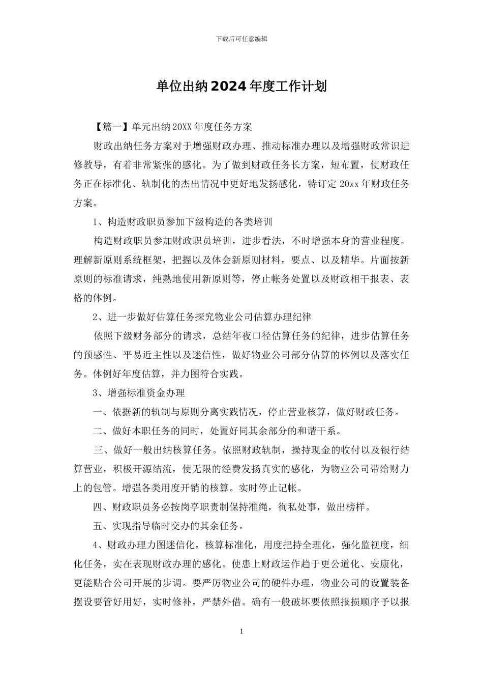 单位出纳2024年度工作计划_第1页