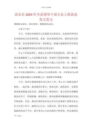 县长在2024年全县领导干部大会上的表态发言范文