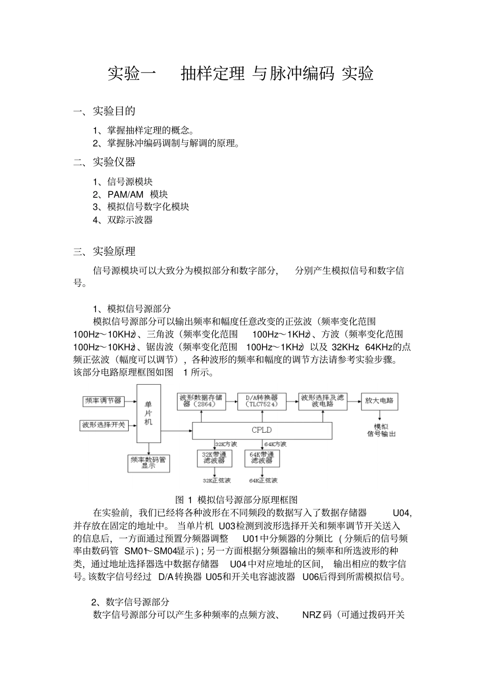 试验一抽样定理和脉冲编码试验_第1页