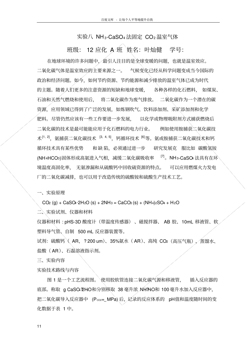试验八NH3CaSO4法固定CO2温室气体_第1页