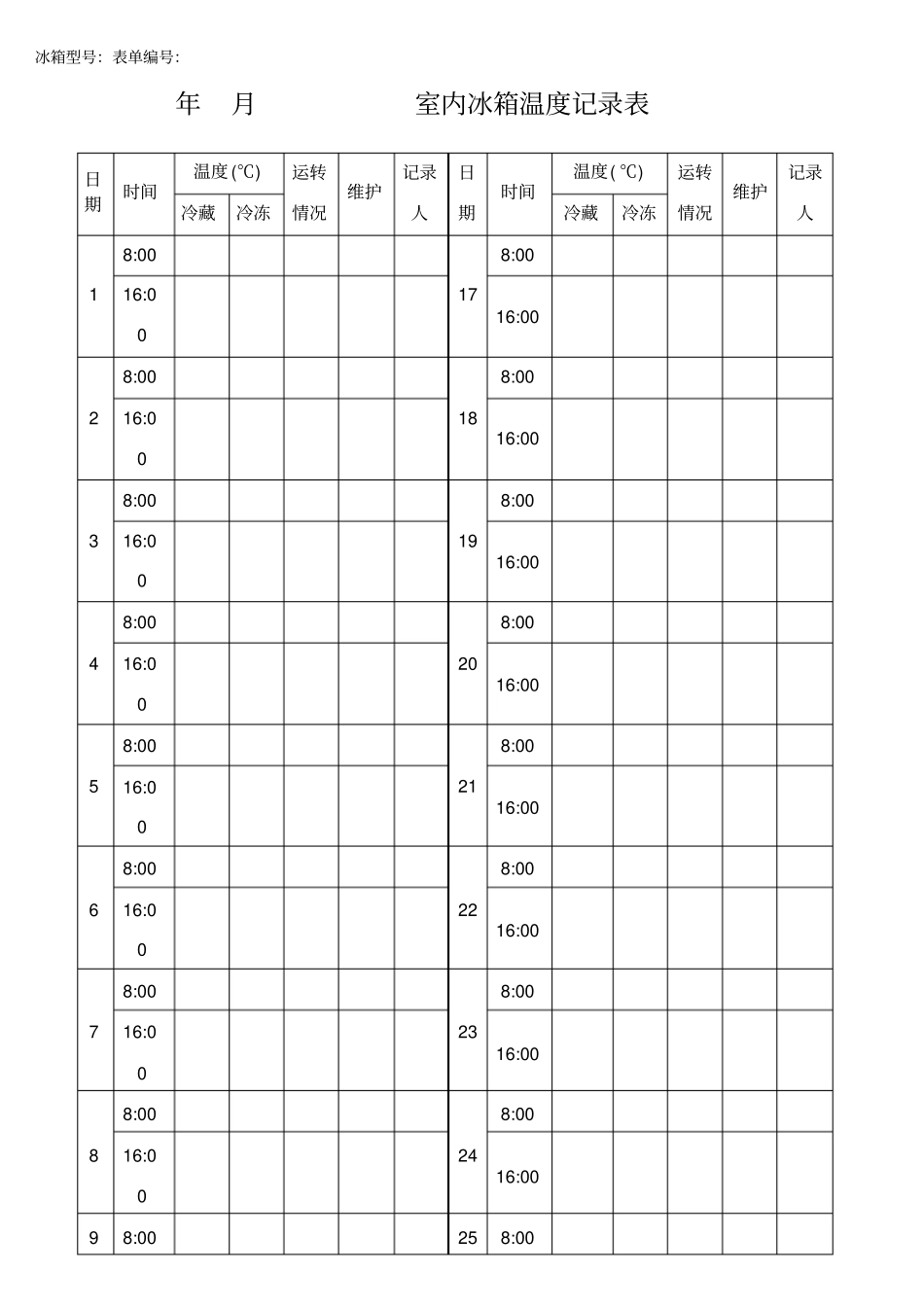 试验室冰箱温度记录表_第1页