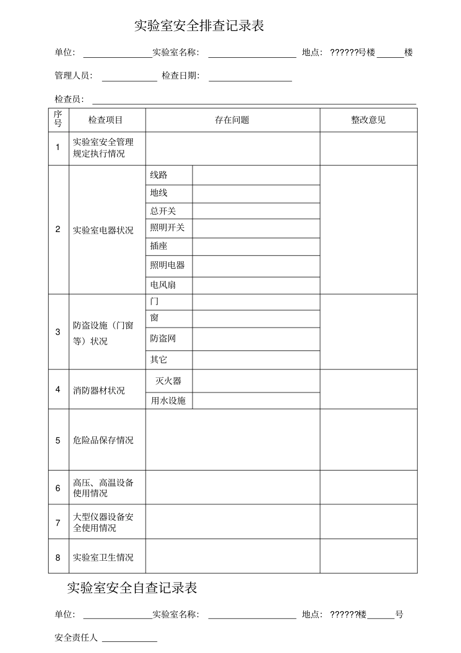 试验室安全排查记录表_第1页