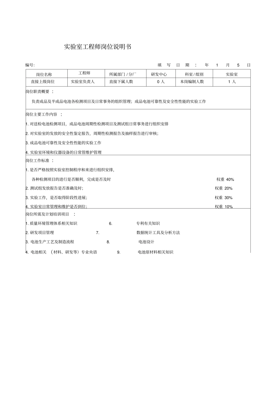 试验室工程师岗位说明书_第1页