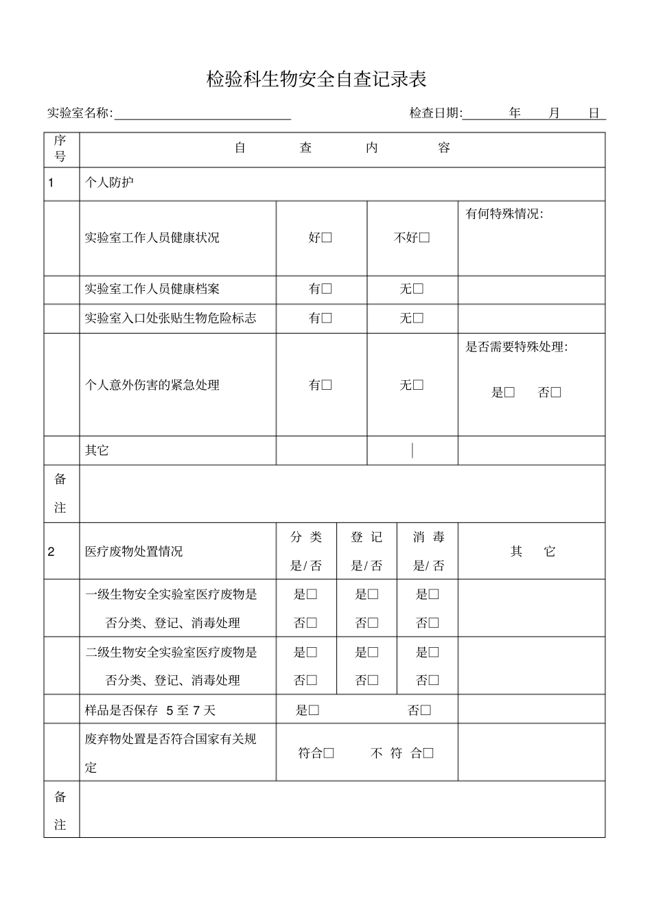 试验室生物安全自查记录表_第1页