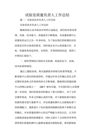 试验室质量负责人工作总结