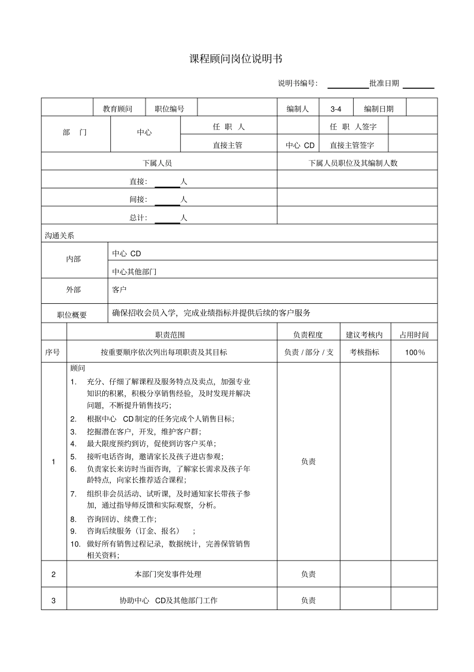 课程顾问岗位说明书_第1页