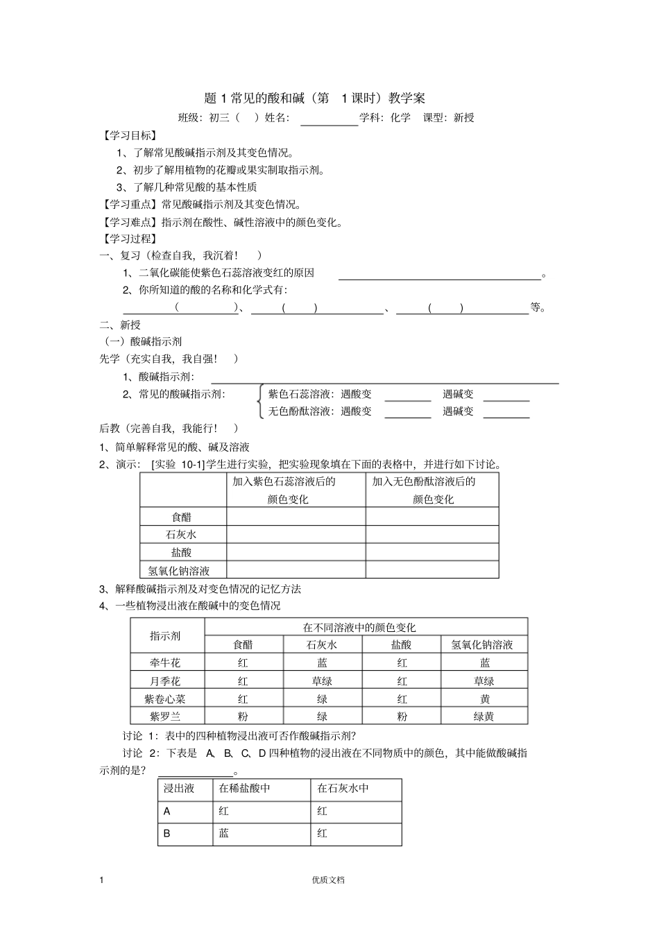 课题1常见的酸和碱教学案_第1页