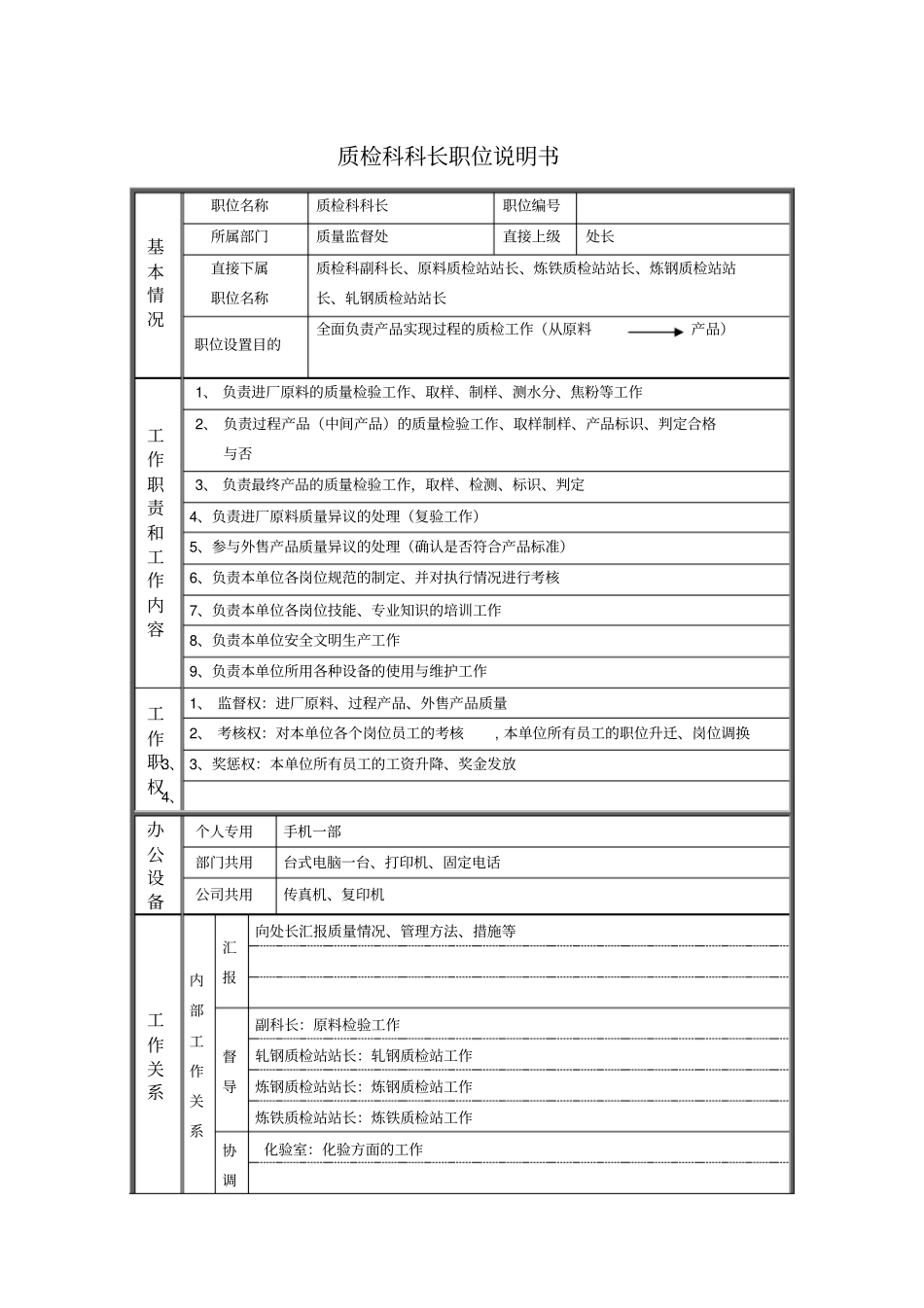质检科科长职位说明书_第1页