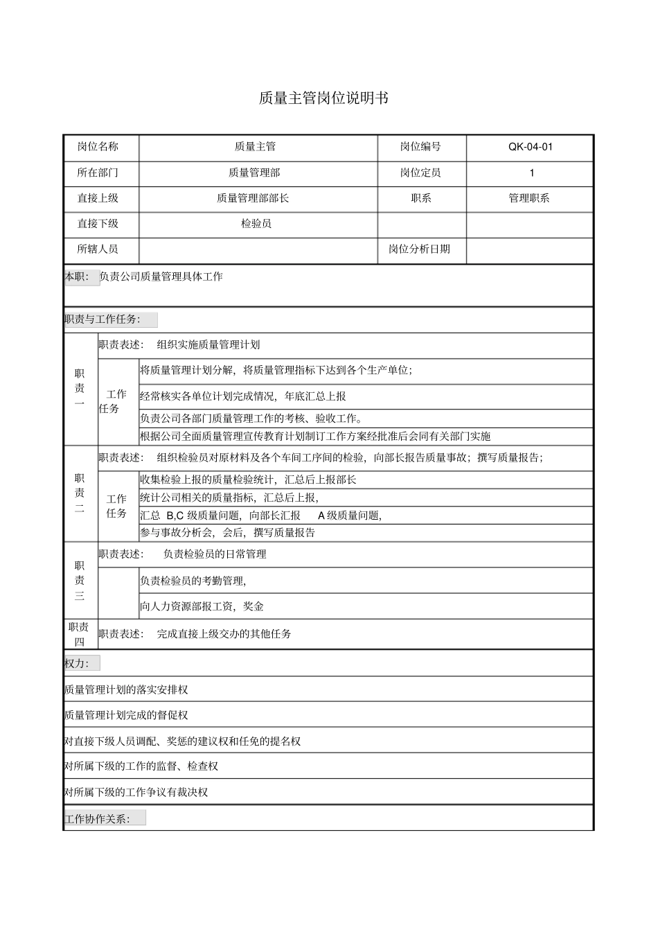 质量主管岗位说明书_第1页