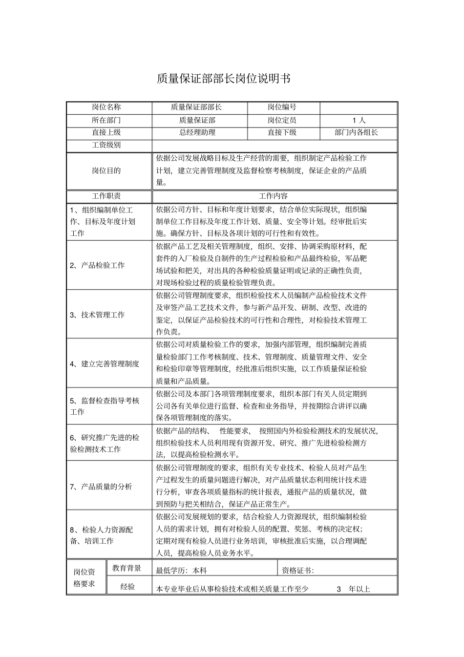 质量保证部部长岗位说明书_第1页