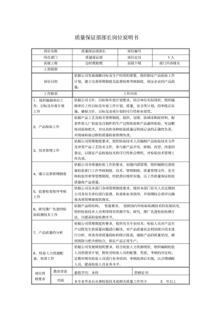 质量保证部部长岗位说明书