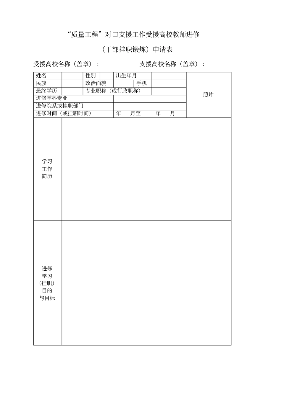 质量工程对口支援工作受援高校教师进修干部挂职锻炼申请表【模板】_第1页