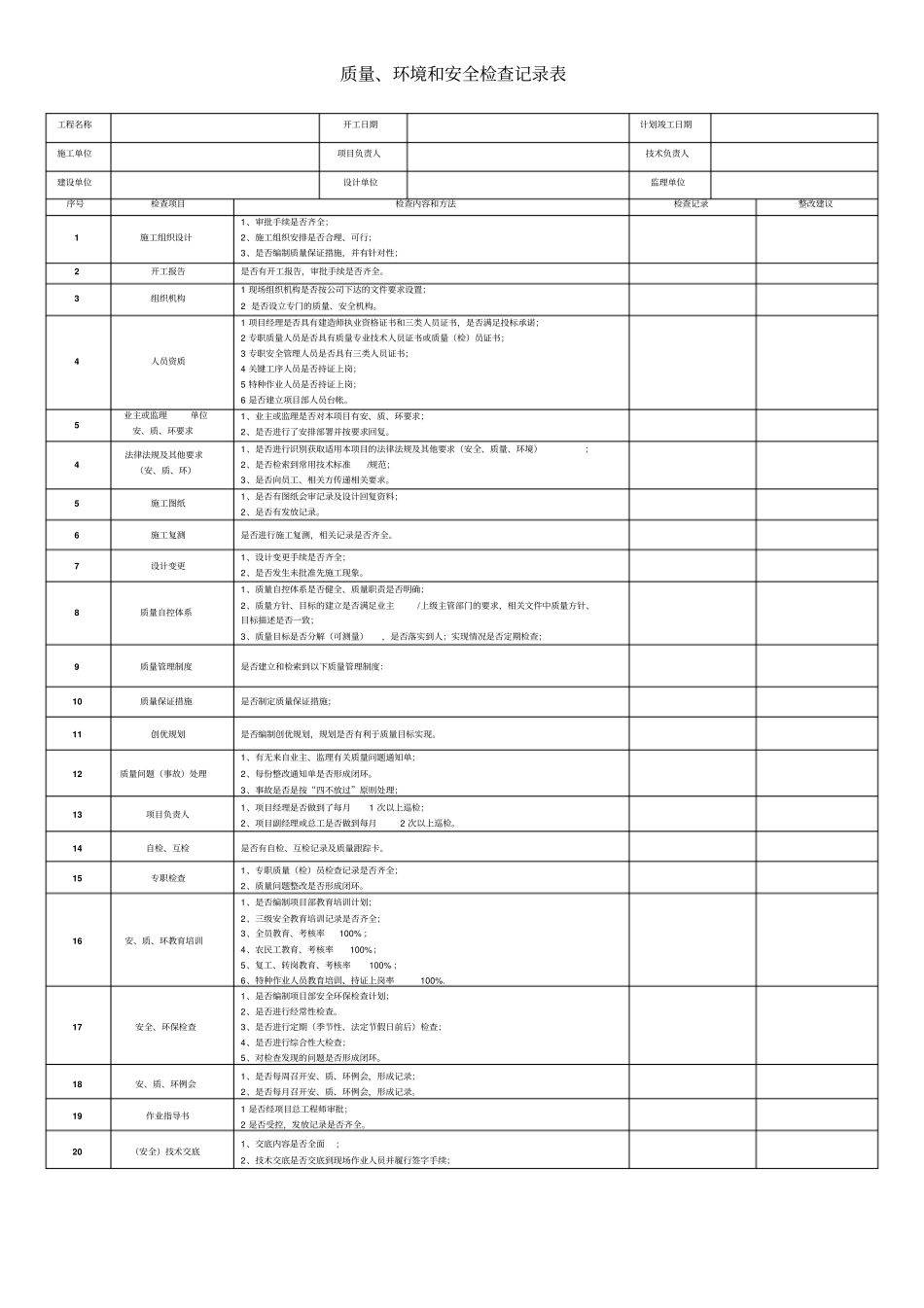 质量环境和安全检查记录表_第1页