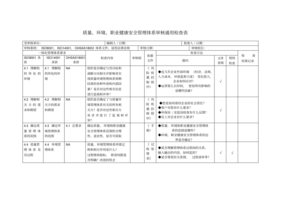 质量环境职业健康安全管理体系审核通用检查表_第1页