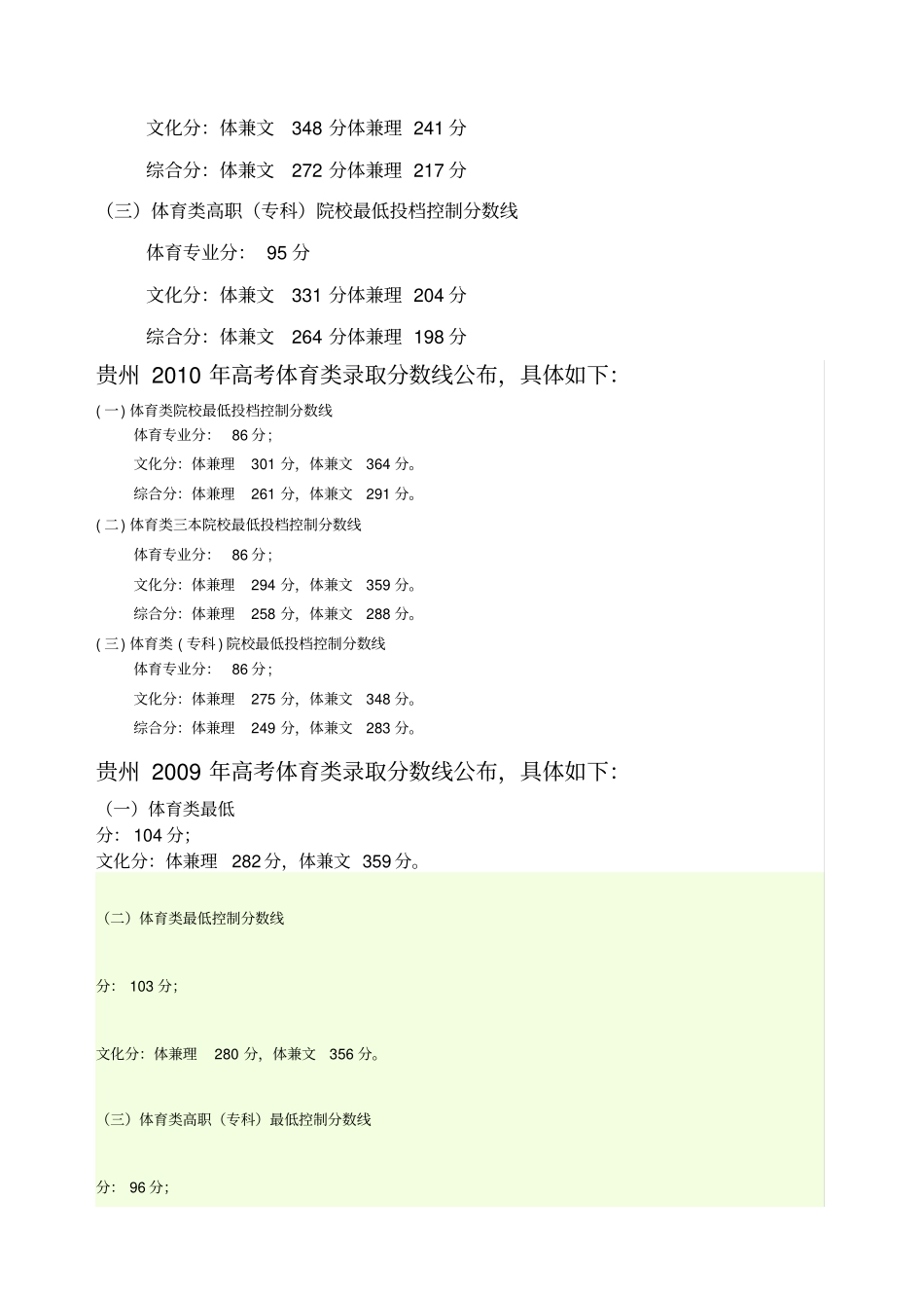 贵州历年体育类最低控制分数线_第3页