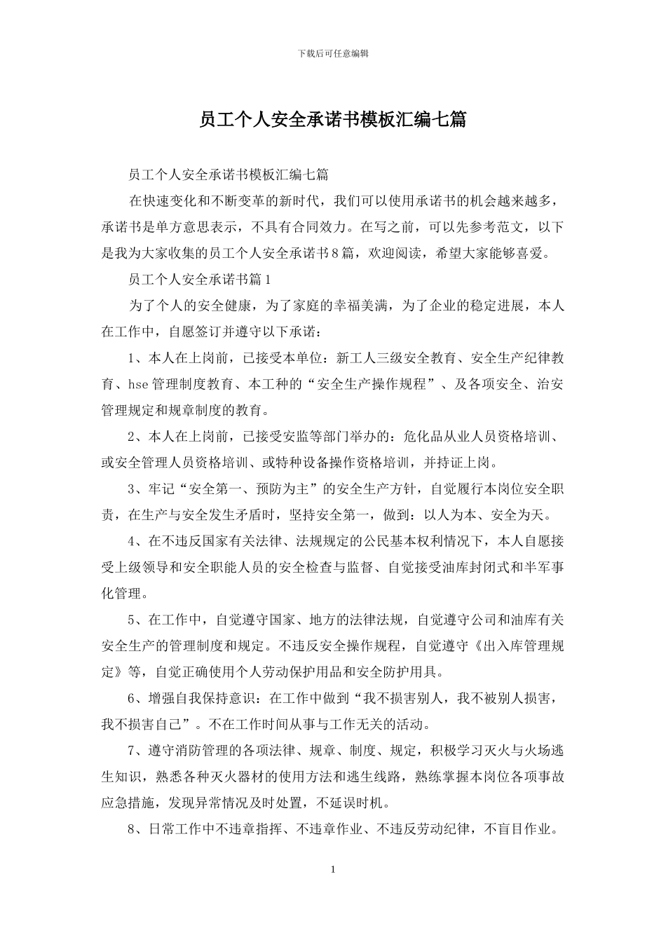 员工个人安全承诺书模板汇编七篇_第1页