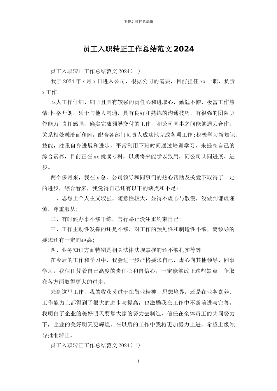 员工入职转正工作总结范文2024_第1页
