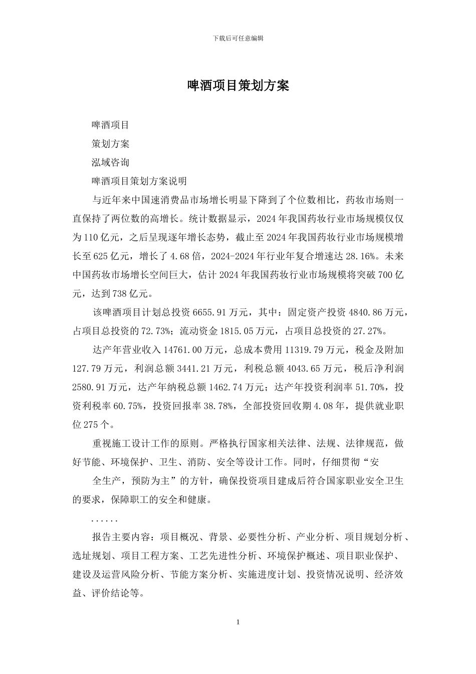啤酒项目策划方案_第1页