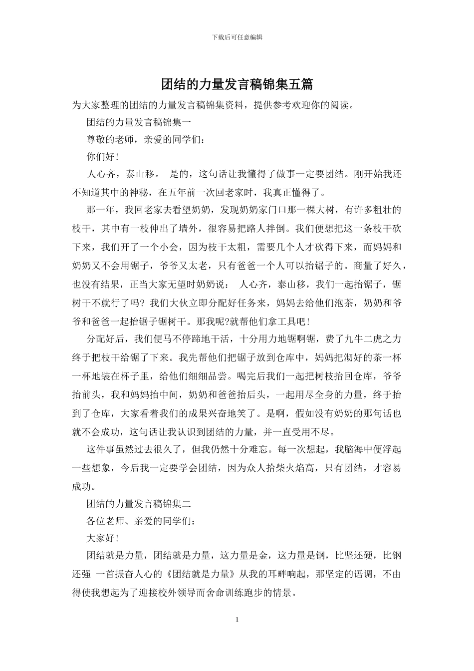 团结的力量发言稿锦集五篇_第1页