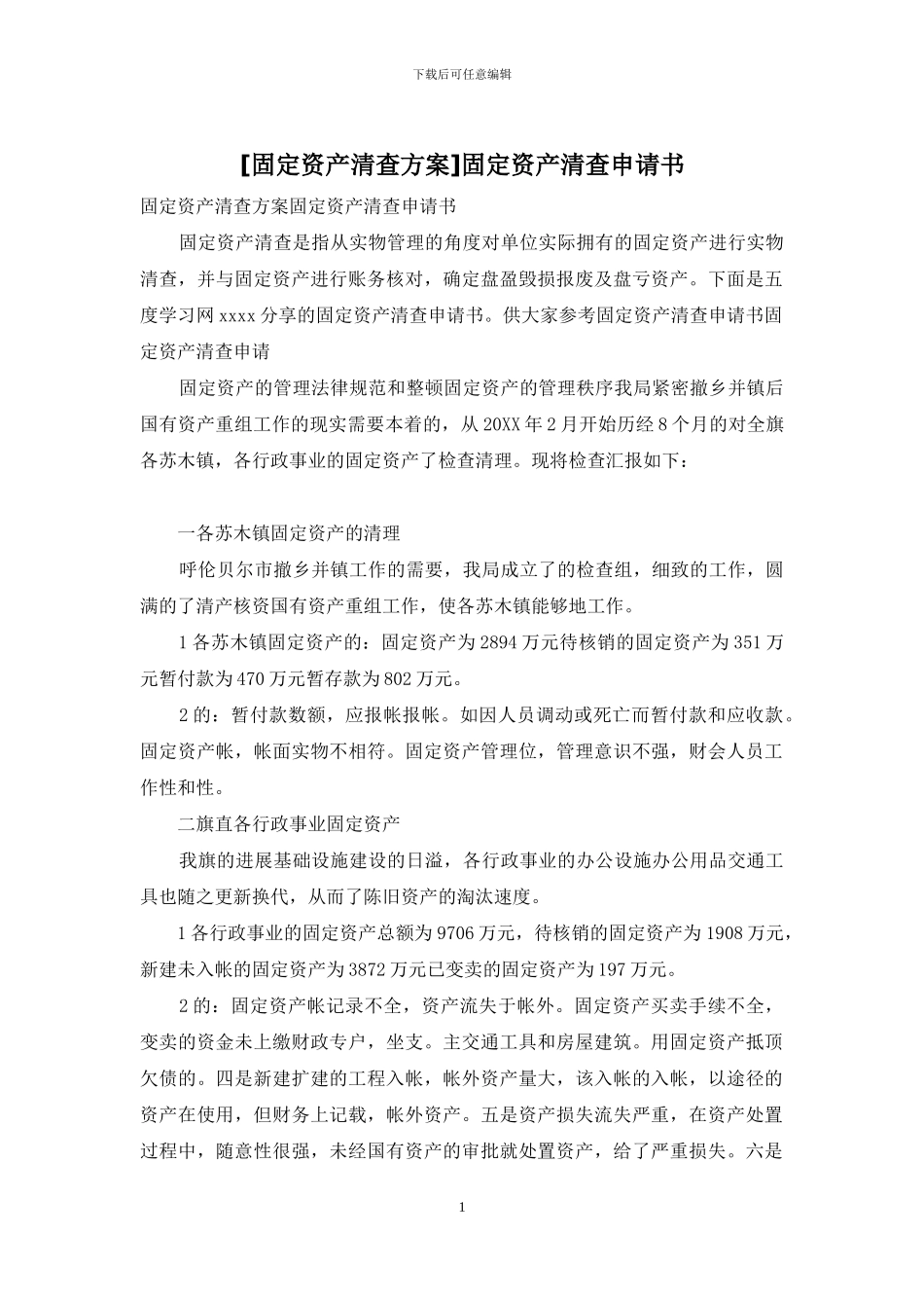 固定资产清查申请书_第1页