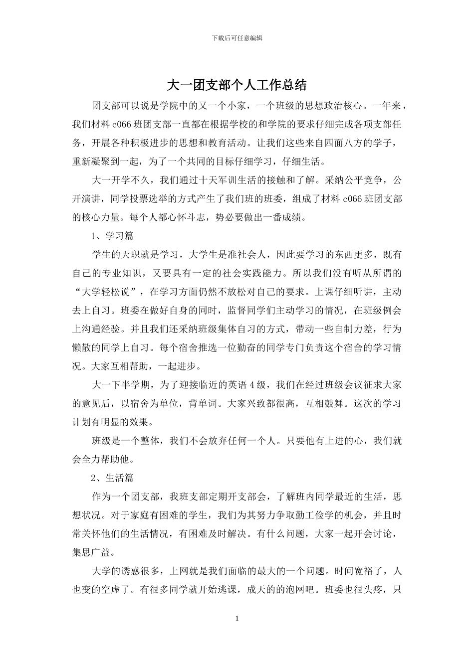 大一团支部个人工作总结_第1页