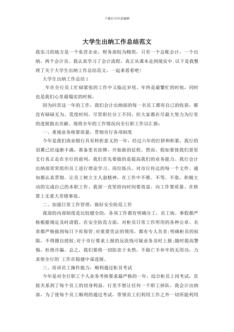 大学生出纳工作总结范文_第1页