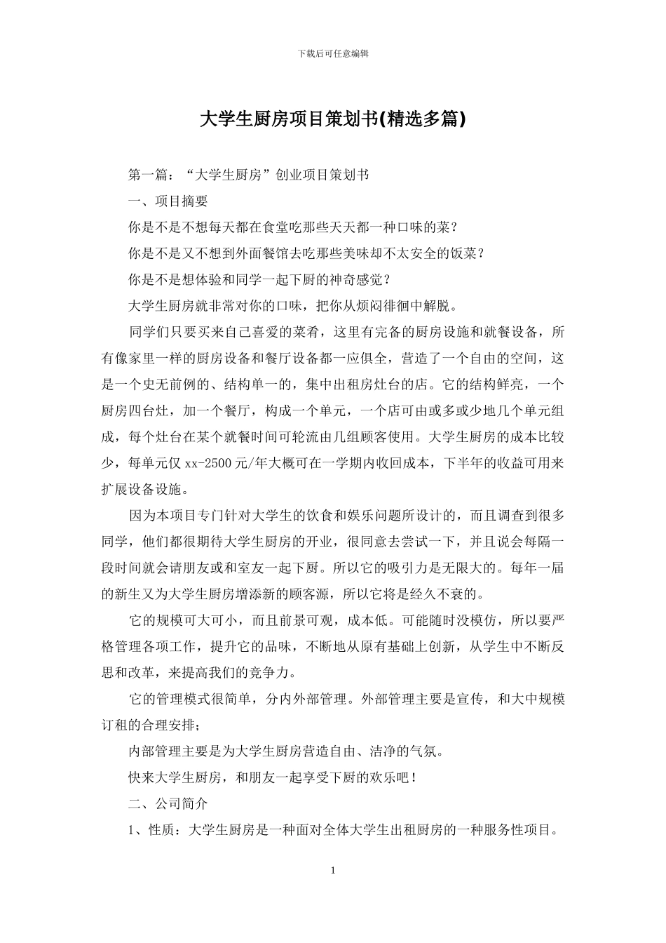 大学生厨房项目策划书_第1页