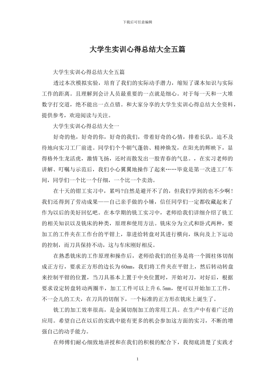 大学生实训心得总结大全五篇_第1页