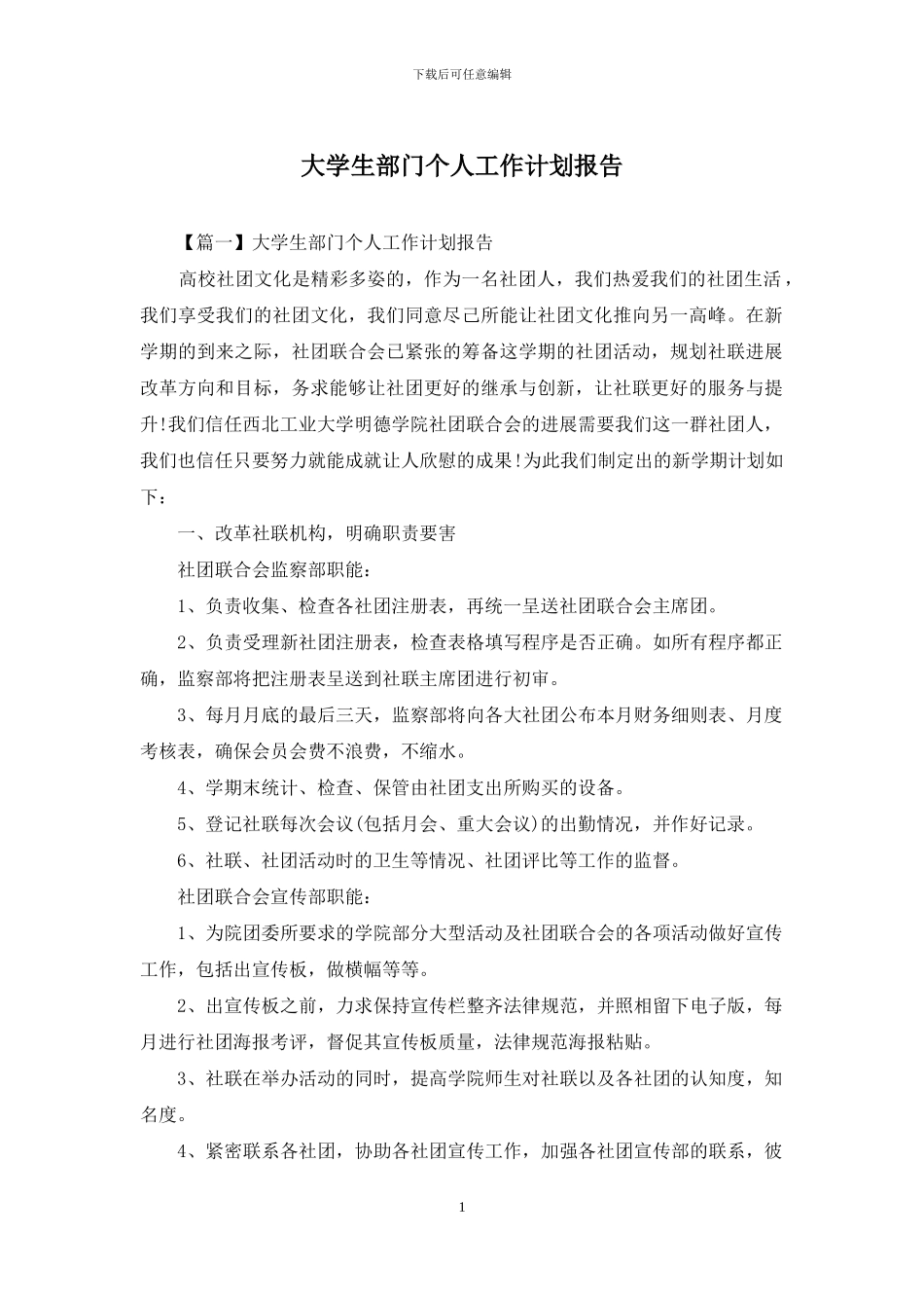 大学生部门个人工作计划报告_第1页