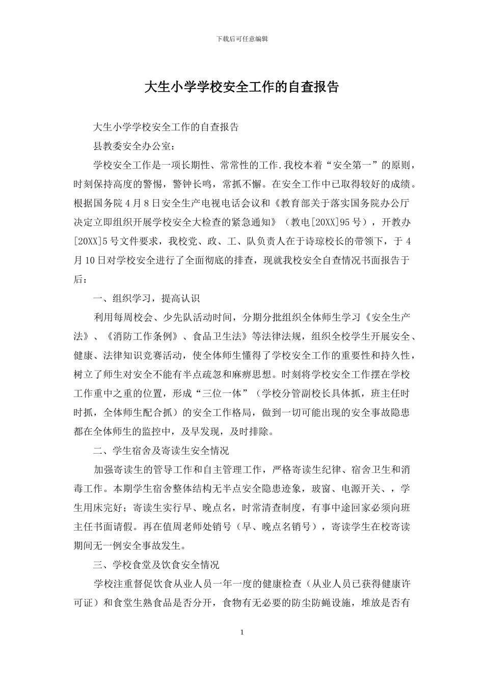 大生小学学校安全工作的自查报告_第1页