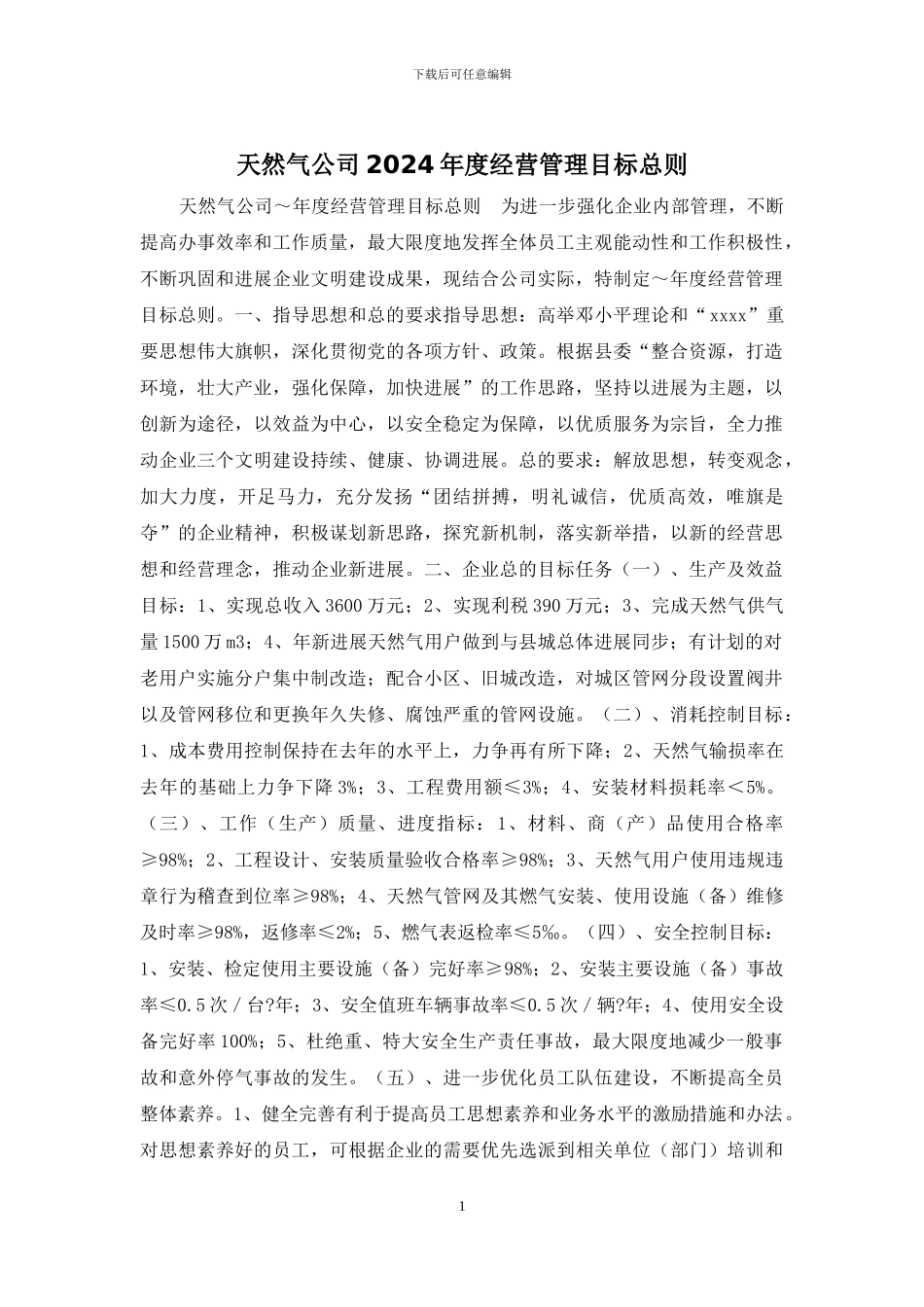 天然气公司2024年度经营管理目标总则_第1页